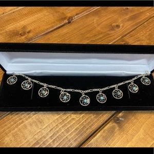 Vintage Native American Inspired Dream Catcher Turquoise Bead & Leaf SS Bracelet